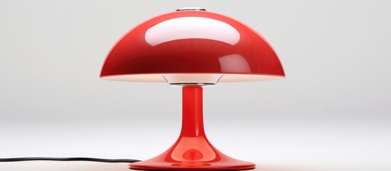 Mushroom-shaped red desk light. lamp with adjustable shade and illumination for reading, graphic on white backdrop.