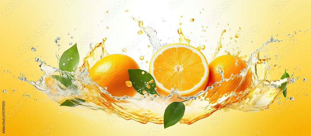 Poster vibrant oranges falling into refreshing splashing water with dynamic motion