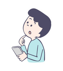 スマホを持って考える男性のイラスト