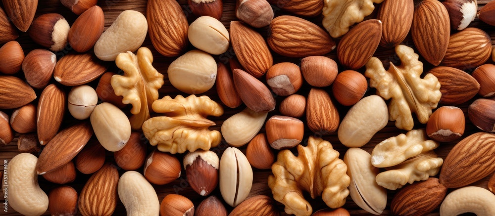 Poster assorted nuts displayed on a rustic wooden surface background