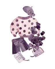Casual spring school outfit for high school or college girls. Isolated watercolor illustration