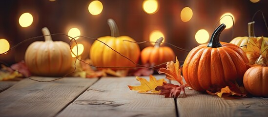 Harvest Season Vibes: A Seasonal Pumpkin and Autumn Leaves Arranged on a Rustic Wooden Table