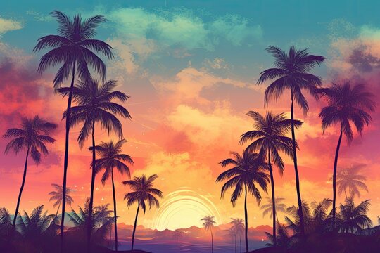 tropical summer background with palm trees at sunset illustration