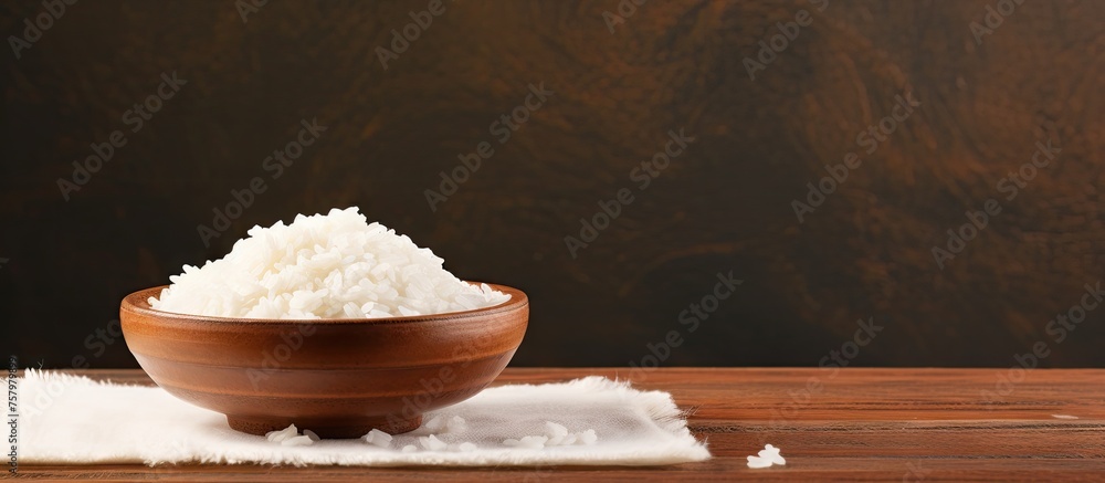 Poster Rustic Bowl of Steaming Rice Resting on a Textured Wooden Table