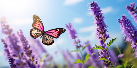 Bluish butterfly on wild purple flowers in grass against blue sky, macro view.