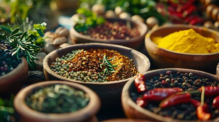 Spices and herbs mingle in a dance of aroma and color, their vibrant hues a celebration of culinary diversity and sensory delight