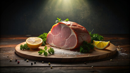Cured Ham Joint with Fresh Herbs and Lemon on Wooden Cutting Board. Soft lighting.
 - obrazy, fototapety, plakaty