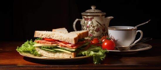 Fototapeta premium Delicious Lettuce and Tomato Sandwich Served on a Stylish Plate for a Healthy Meal