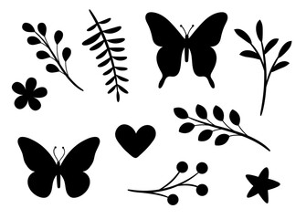 Spring decorative clip art vector elements, butterfly and plants illustration set