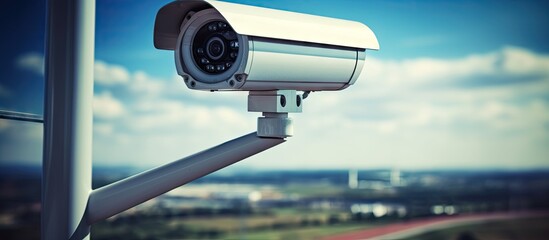 Modern Surveillance: A Security Camera Mounted on a Tall Pole Overlooking Urban Area