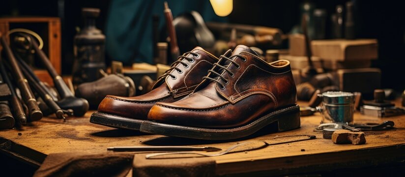 Rugged pair of work shoes resting on a wooden workbench in a rustic setting