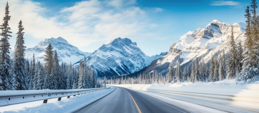 Serene Winter Wonderland: Tranquil Snowy Road Through a Majestic Forest Landscape