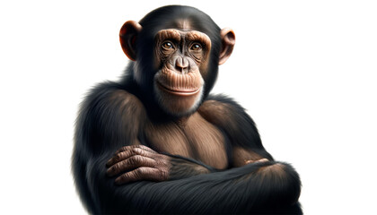 A portrait of a chimpanzee with arms crossed, on a white background. Chimpanzee with a Pensive Expression