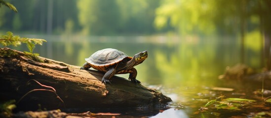 Obraz premium Tranquil Turtle Rests on a Wooden Log Amidst Serene Pond Landscape