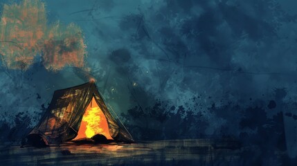 a tent with fire in the background - obrazy, fototapety, plakaty