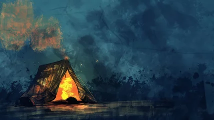 Foto op Canvas a tent with fire in the background © Aliaksandr Siamko