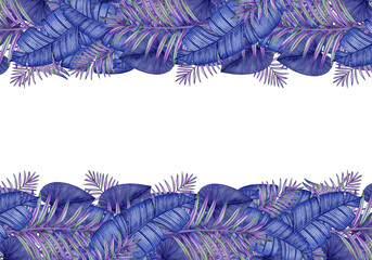 Rectangular frame made of tropical watercolor leaves. Natural foliage of exotic plants. Hand drawn illustration on white background.