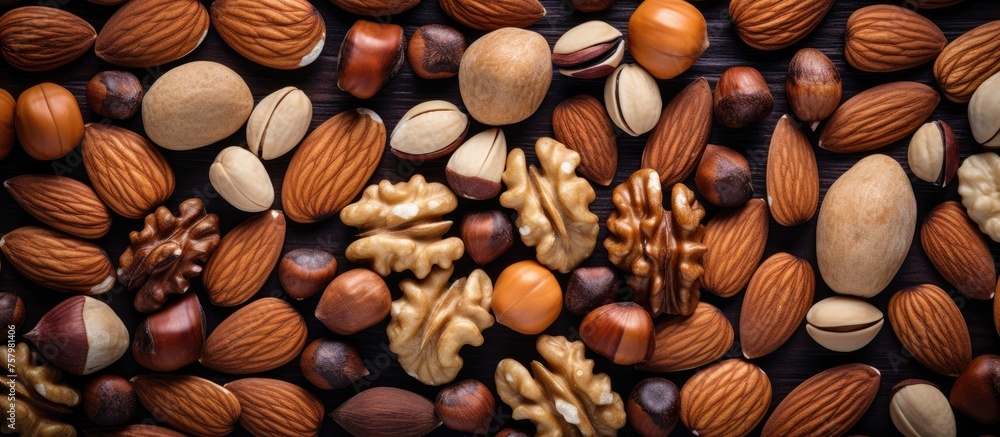 Aufkleber assorted nuts scattered on a dark table - healthy snacking concept background