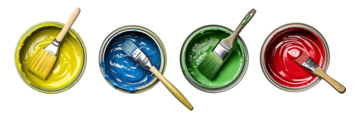 Top view paint and brushes collection isolated on transparent background. Generative AI