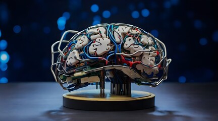  A conceptual representation of digital confusion with a brain ensnared in wires, illustrating modern technological complexities,AI robotic human brain with circuit  - obrazy, fototapety, plakaty