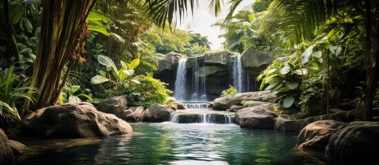 Majestic Waterfall Surrounded by Lush Greenery in a Vibrant Tropical Jungle Landscape - obrazy, fototapety, plakaty