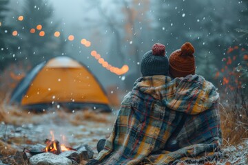 Fototapeta na wymiar A couple huddled under a plaid blanket by a campfire, with a glowing tent and snowflakes in a winter forest setting