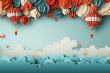Hot air balloon,  paper craft art or origami style for birthday card, children design. - 757981845