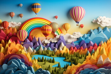 Hot air balloon over the mountains, paper craft art or origami style for baby nursery, children design. - 757981858