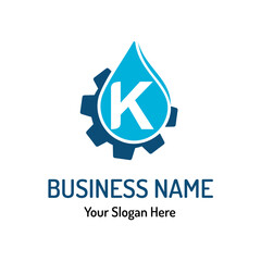 Letter K Logo Idea for Water Repair, Water Maintenance. Simple Modern Plumbing Service Logo with Water Drop and Gear