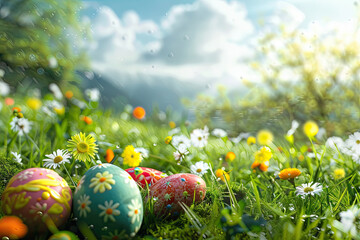close up of colorful easter eggs in the grass 