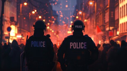 Riot police in action in a city - obrazy, fototapety, plakaty