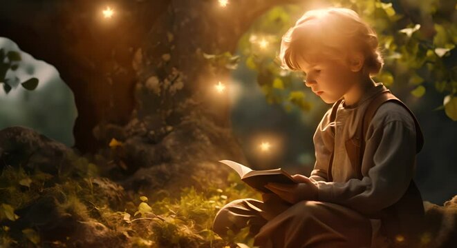 A child reading a book under a tree, immersed in imagination