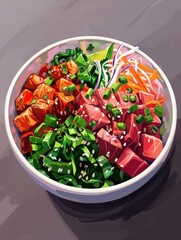 Colorful poke bowl with fresh vegetables, tuna, salmon, and garnishes.