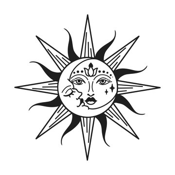 Sun vector illustration, hand drawn celestial boho line art logo, icons and symbol mystic moon tattoo elements for decoration.