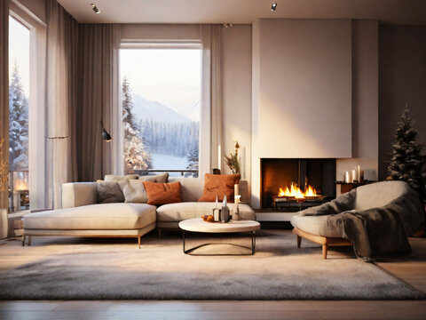 Luxurious hall in minimalism style with a fireplace and window, Forest outside.