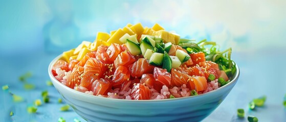 A steaming bowl filled with fluffy white rice and a colorful assortment of chopped vegetables. - obrazy, fototapety, plakaty