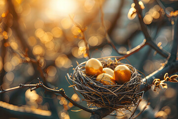 golden eggs in a nest on tree branch with a blurred background of a natural forest - obrazy, fototapety, plakaty