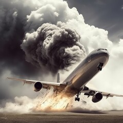 an airplane with smoke coming out of the ground