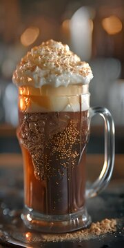 Frosty mug of root beer, nostalgic and refreshing

