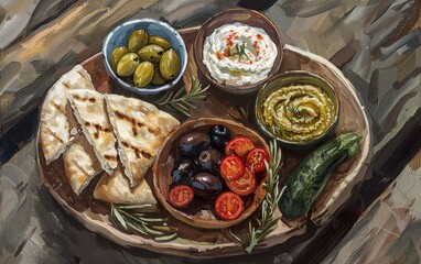 A vibrant display of Mediterranean appetizers, including grilled flatbread, olives, and various dips.
