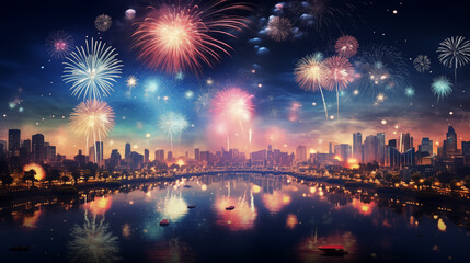 Fototapeta premium Fireworks and fireworks with panoramic views of the big night city.