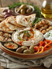 A vibrant display of Mediterranean appetizers, including grilled flatbread, olives, and various dips.