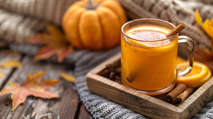 Fototapeta na wymiar A flask of hot apple cider, spiced with cinnamon and cloves, served with a cinnamon stick stirrer. Set on a rustic wooden tray, with a background of autumn leaves and cozy knit blankets.