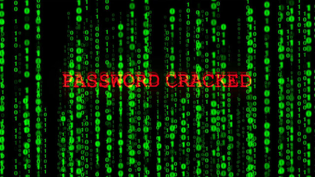 Green matrix digital binary code falling with warning system password cracked alert. Motion Graphic.