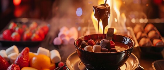 A pot filled with melted chocolate fondue sits in the center of a table. Around the pot are skewers with strawberries, marshmallows, and banana slices for dipping.
