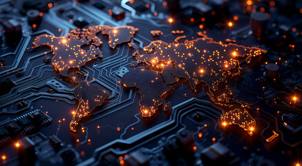 A glowing digital world map superimposed on a highly detailed computer chip circuit. Top view. - obrazy, fototapety, plakaty