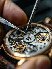 Close-up of a skilled watchmaker repairing the intricate parts of a luxury mechanical watch.