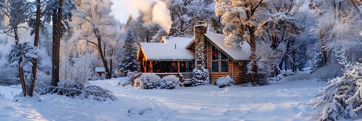 A cozy cabin nestled among snow-covered trees in a winter wonderland, smoke curling from the chimney into the crisp air. 