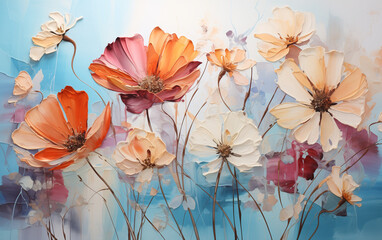 Beautiful wild flowers in orange and pink colors, an oil painting in the style of a fantasy art style