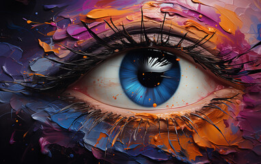 An eye with vibrant colors, detailed and realistic, surrounded by abstract shapes that resemble splashes of paint